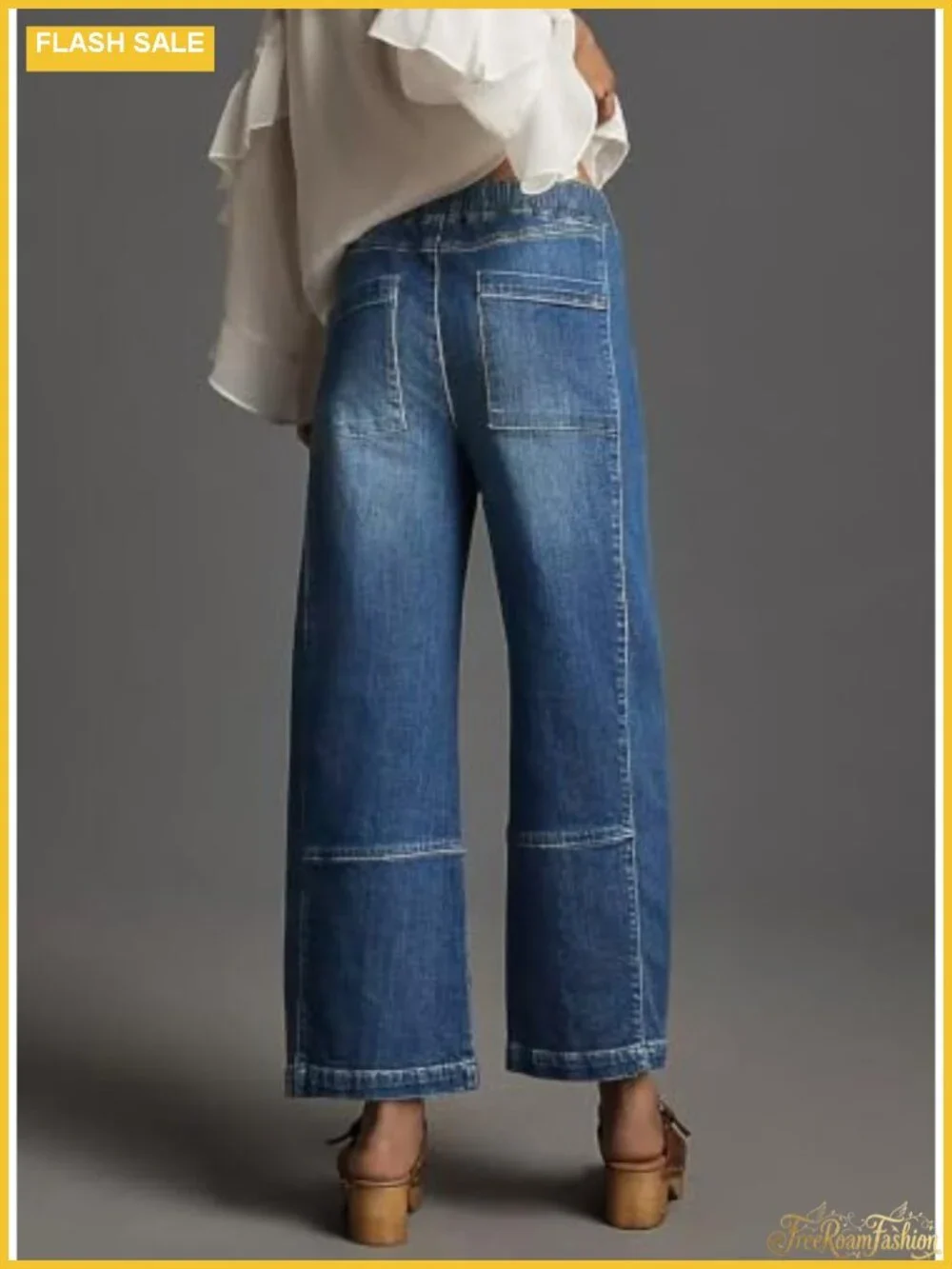 Baggy Wide Leg Drawstring Elastic Waist Women Jeans High Rise Stretchy Cotton